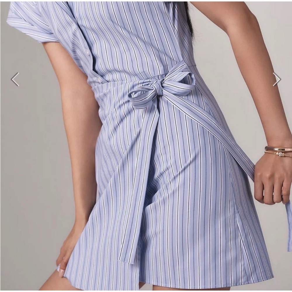 Maeve Anthropologie Button Front Wrap Mini Shirt Pinstripe Dress Preppy S - Picture 4 of 9